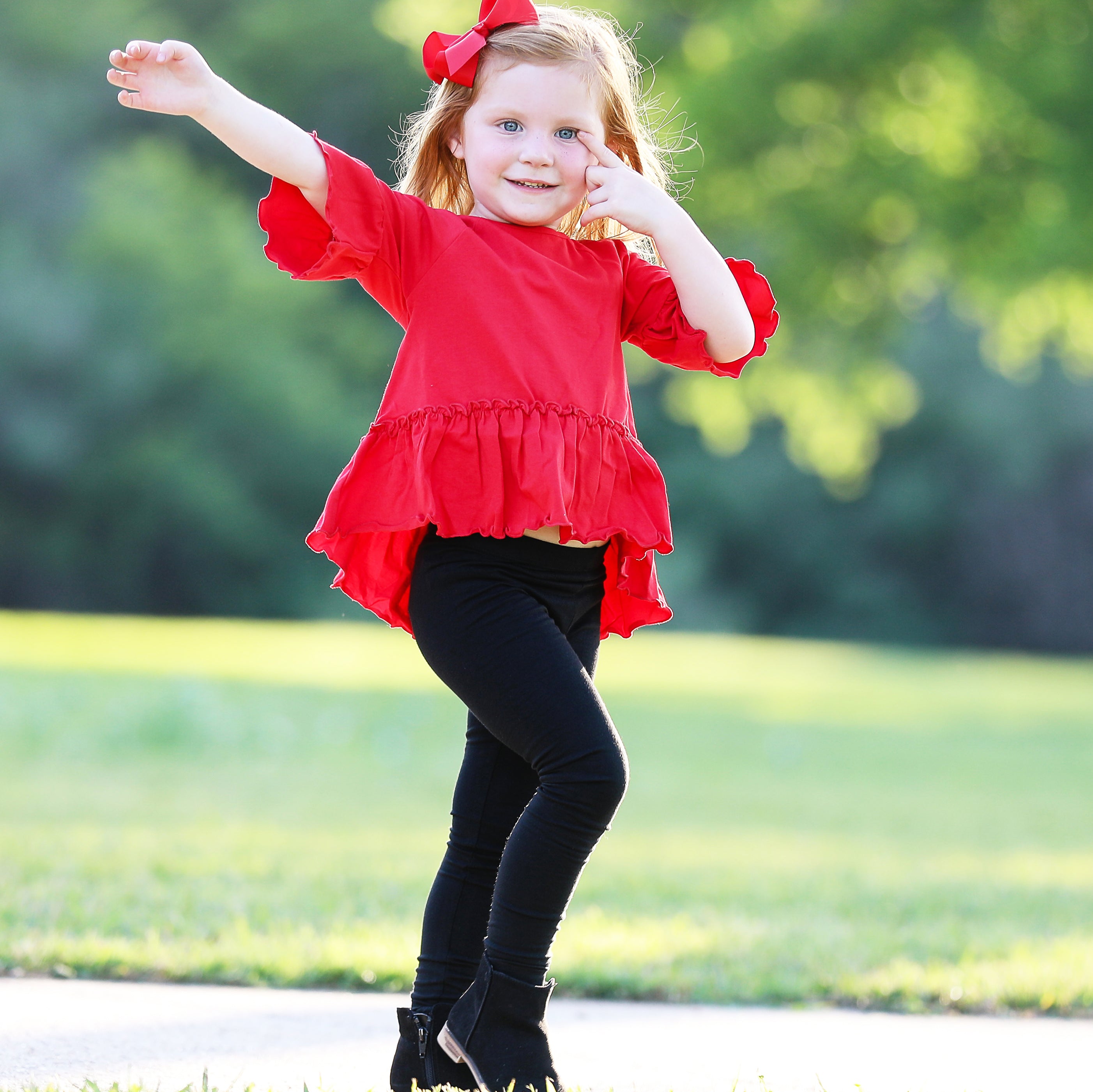 AnnLoren Little & Big Girls 3/4 Angel Sleeve Red Cotton Knit Ruffle top with bell sleeves and flowy silhouette.